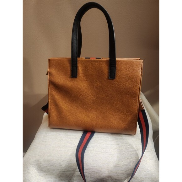 Mode Luxe Shoulder Bag Handbag Purse Brown Navy Red Stripe - Picture 2 of 6